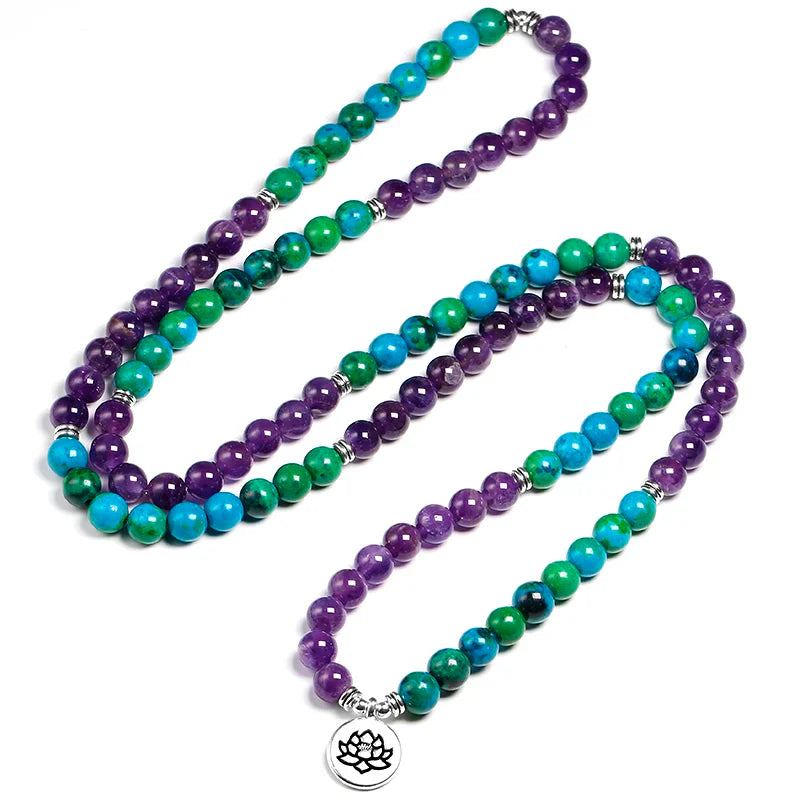 Mala Necklace Chrysocolla Amethyst 108 Beads - Tibetan Prayer Beads for Meditation | Buddhive