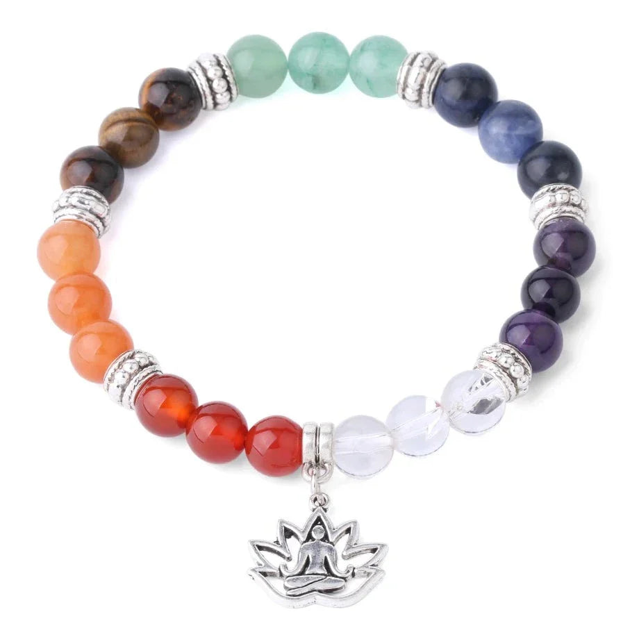 7 Chakra Bracelet with Lotus Charm - Natural Gemstone Beads - Energy Balance | Buddhive