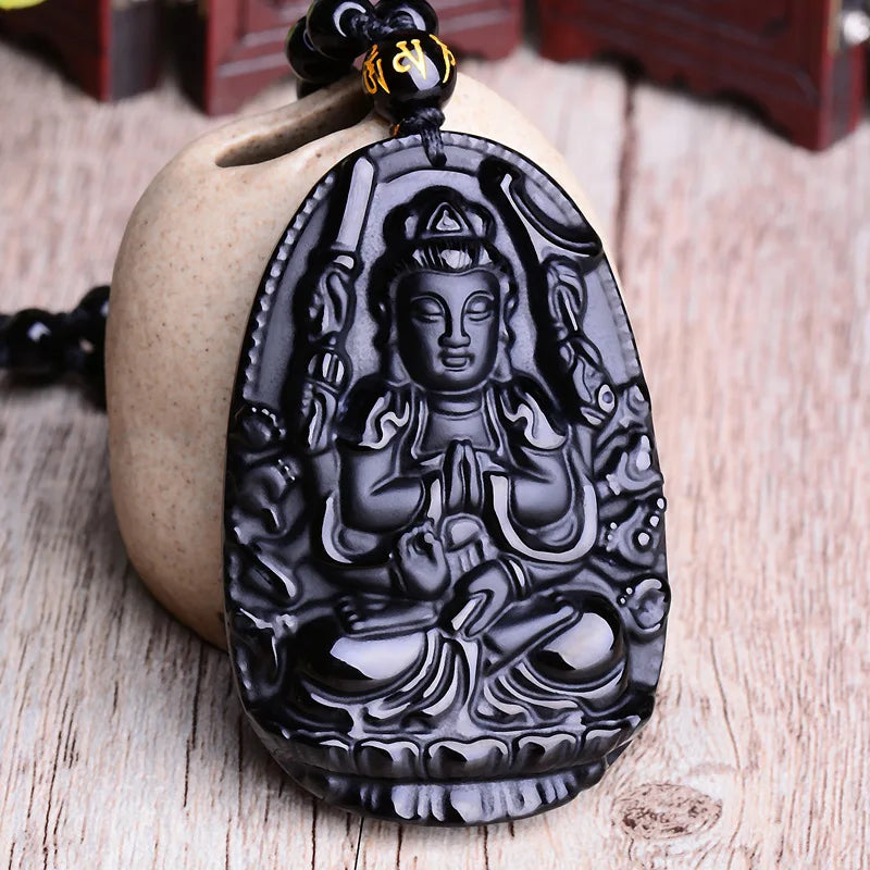 Obsidian Buddha Pendant Necklace - Natural Black Stone Buddhist Jewelry | Buddhive