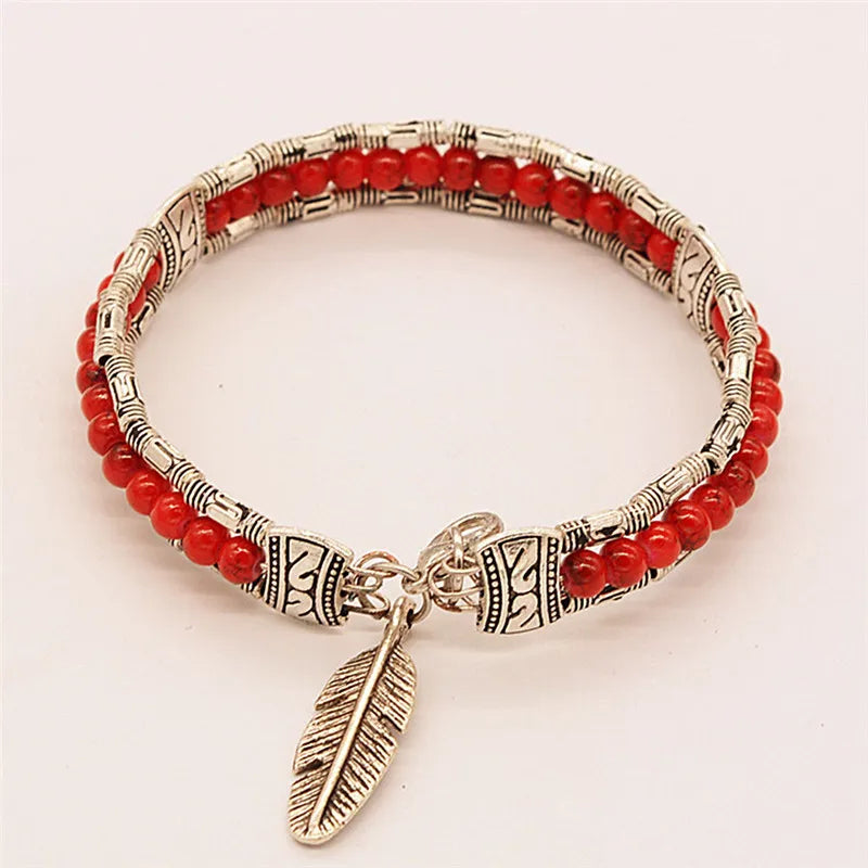 Tibetan Vintage Bracelet Women's Metal Feather Charm Buddhist Prayer Beads | Buddhive