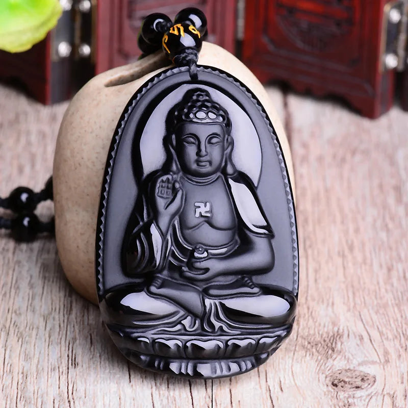 Obsidian Buddha Pendant Necklace - Natural Black Stone Buddhist Jewelry | Buddhive