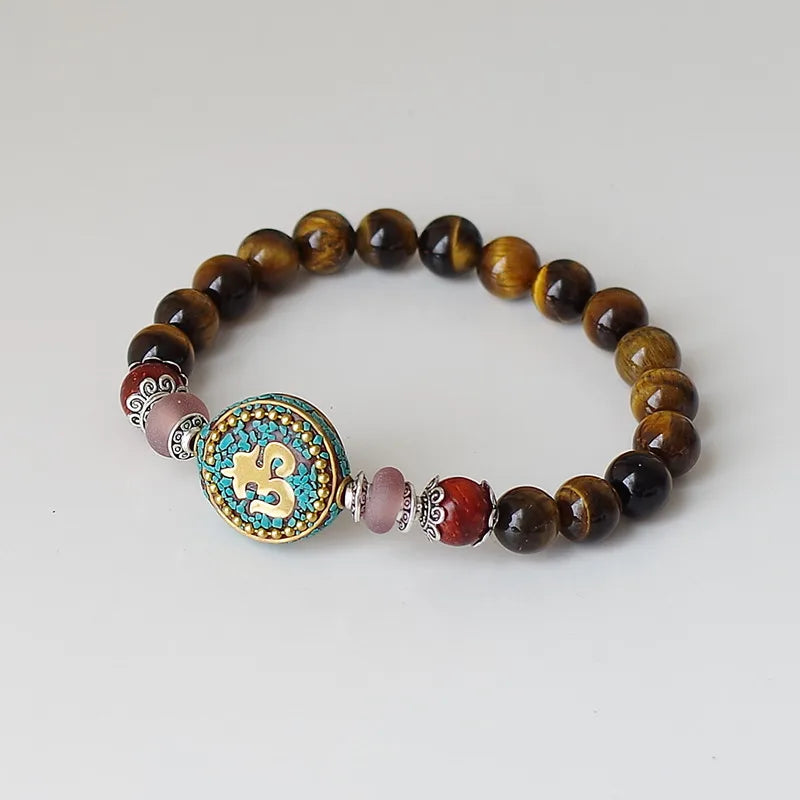 Tibetan Om Bracelet with Tiger Eye Stone - Buddhist Prayer Jewelry for Protection | Buddhive