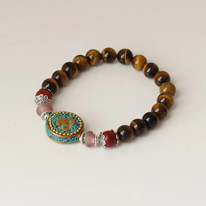 Tibetan Om Bracelet with Tiger Eye Stone - Buddhist Prayer Jewelry for Protection | Buddhive