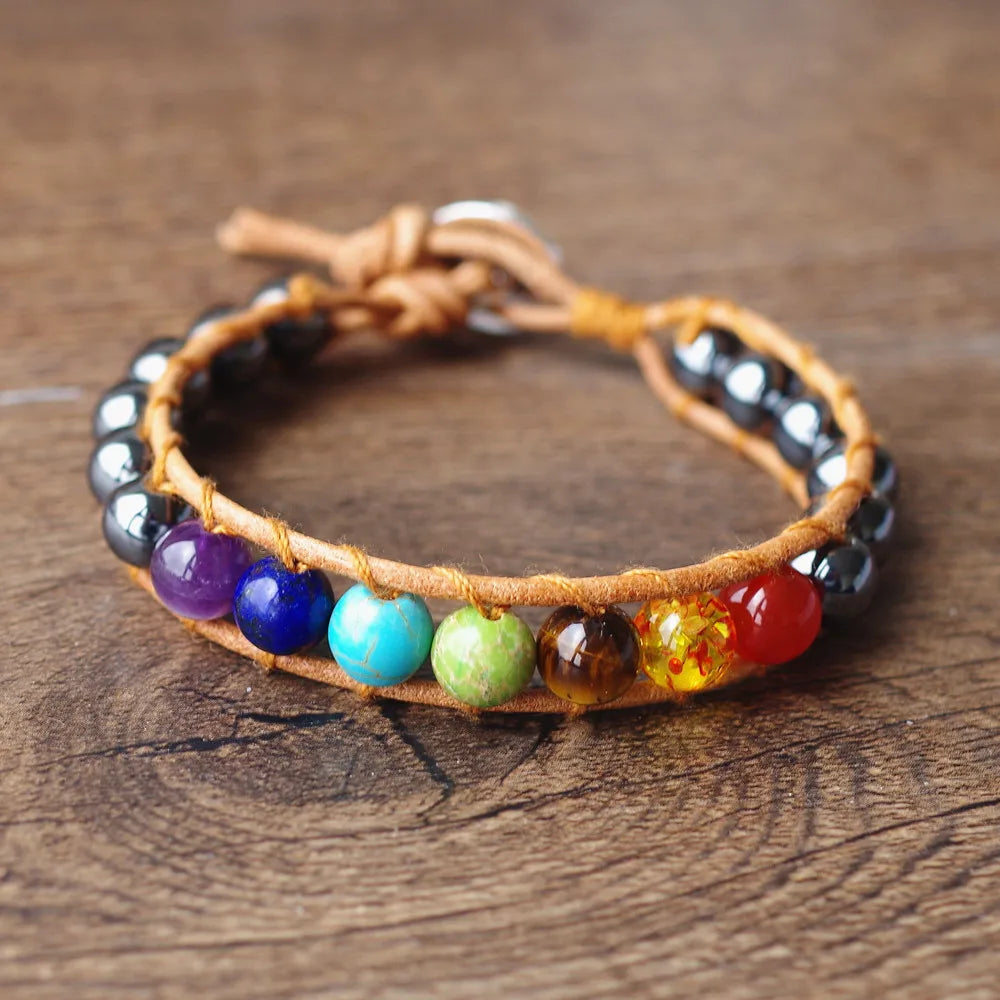 7 Chakra Bracelet Hematite Leather - Adjustable Energy Healing Wrist Mala | Buddhive