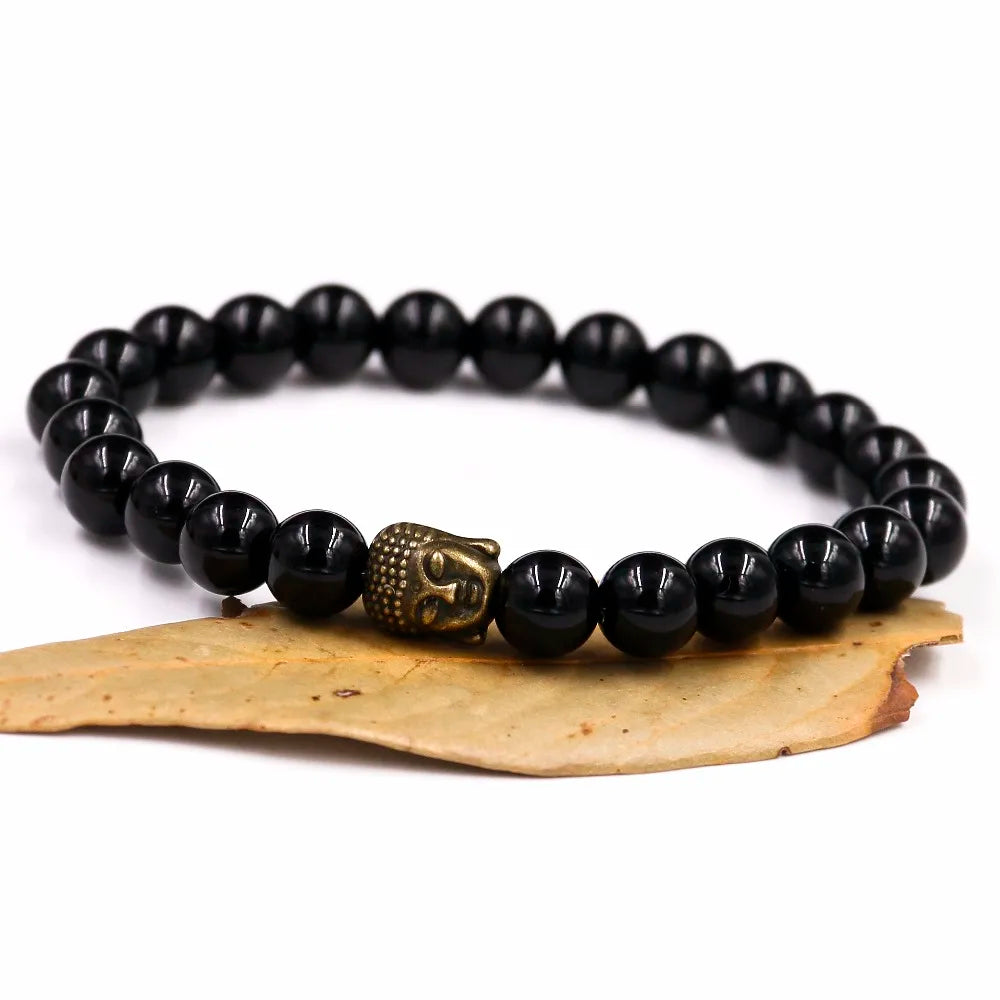 Buddha Head Bracelet Om Symbol Agate Stone - Buddhist Spiritual Jewelry 7.5" | Buddhive