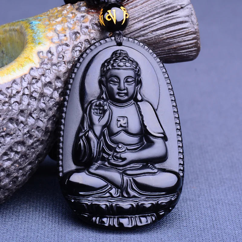 Obsidian Buddha Pendant Necklace - Natural Black Stone Buddhist Jewelry | Buddhive