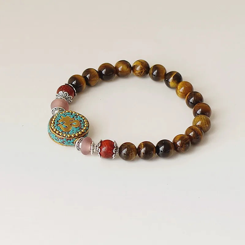 Tibetan Om Bracelet with Tiger Eye Stone - Buddhist Prayer Jewelry for Protection | Buddhive