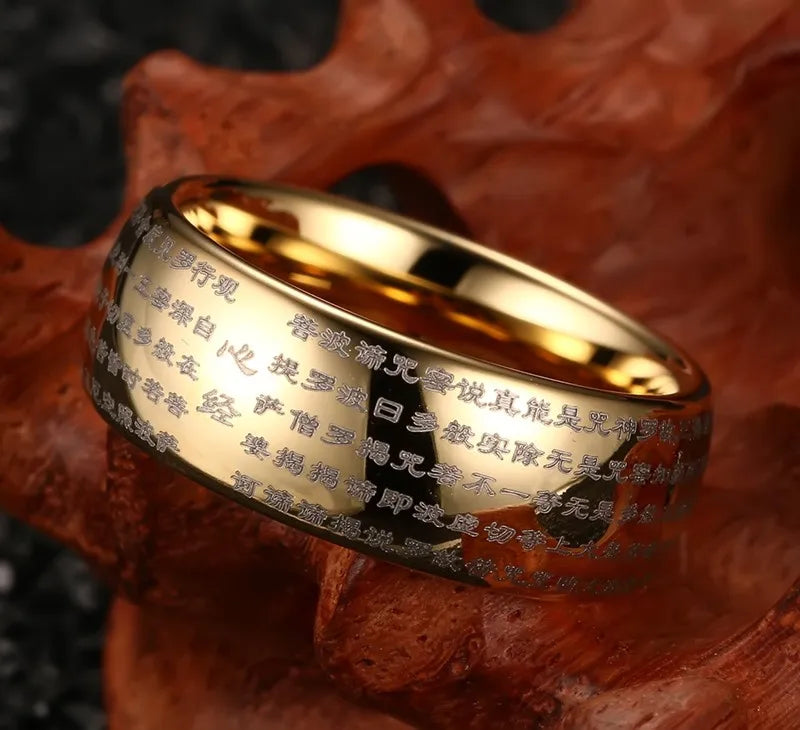 Gold Buddhist Ring Tungsten - 8mm Spiritual Wedding Band for Men & Women | Buddhive