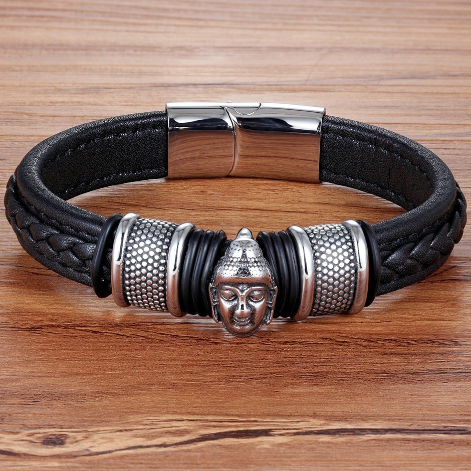 Buddha Bracelet Braided Leather & Steel Head - Men's Buddhist Jewelry | Buddhive