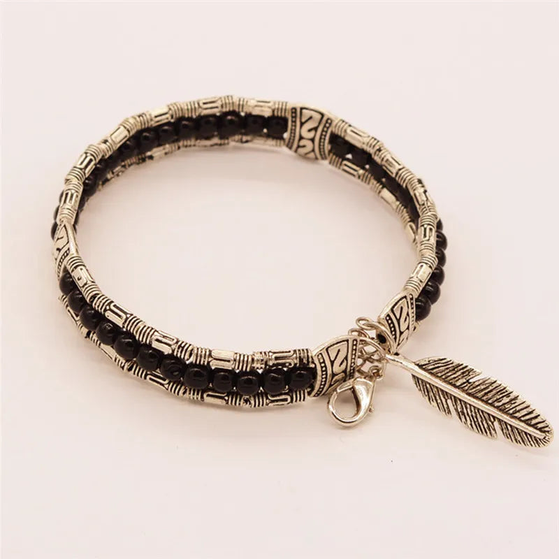 Tibetan Vintage Bracelet Women's Metal Feather Charm Buddhist Prayer Beads | Buddhive