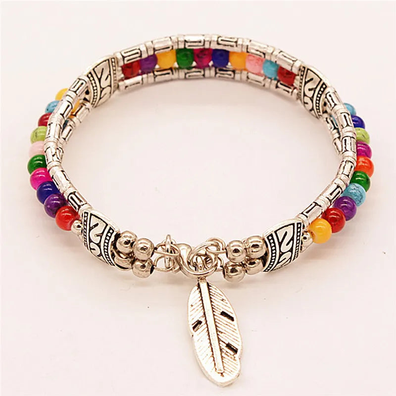 Tibetan Vintage Bracelet Women's Metal Feather Charm Buddhist Prayer Beads | Buddhive