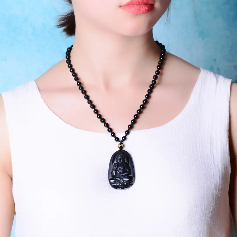 Obsidian Buddha Pendant Necklace - Natural Black Stone Buddhist Jewelry | Buddhive