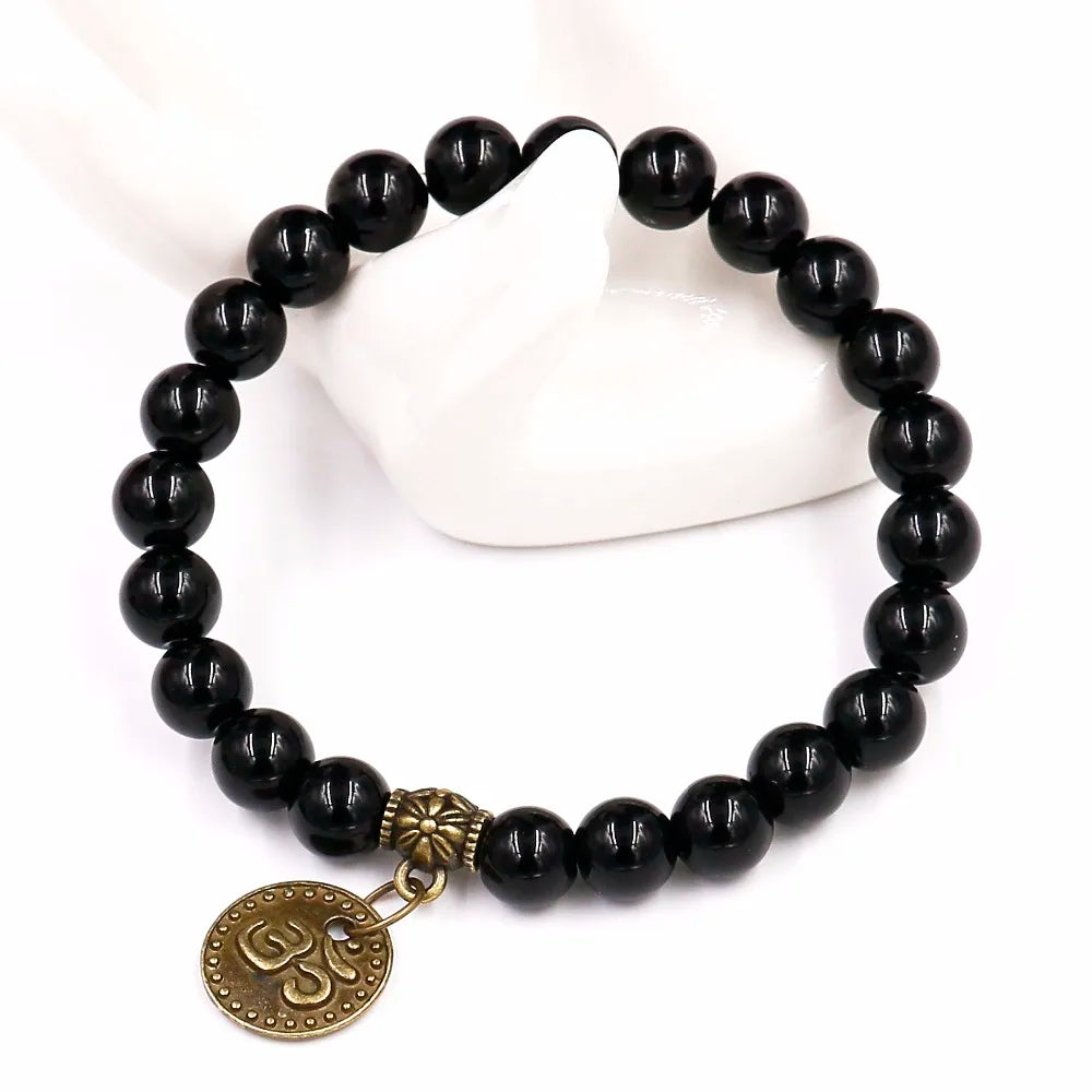 Buddha Head Bracelet Om Symbol Agate Stone - Buddhist Spiritual Jewelry 7.5" | Buddhive