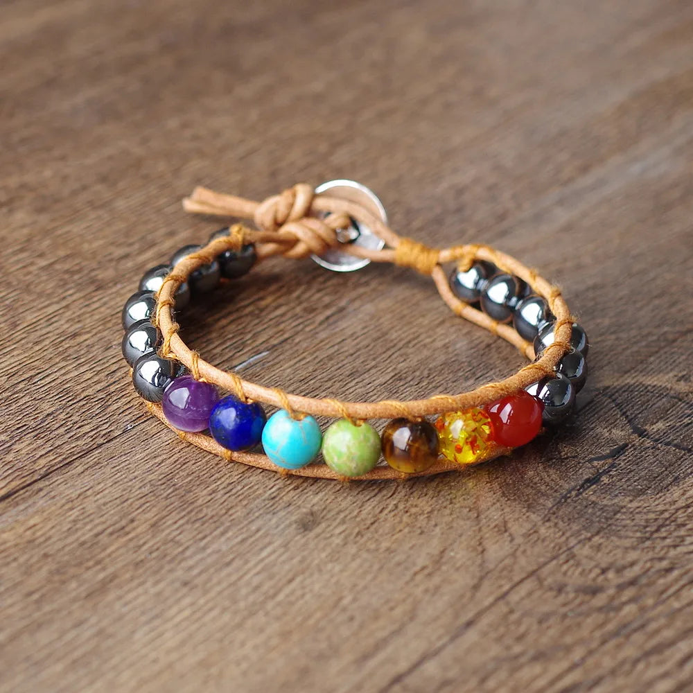 7 Chakra Bracelet Hematite Leather - Adjustable Energy Healing Wrist Mala | Buddhive