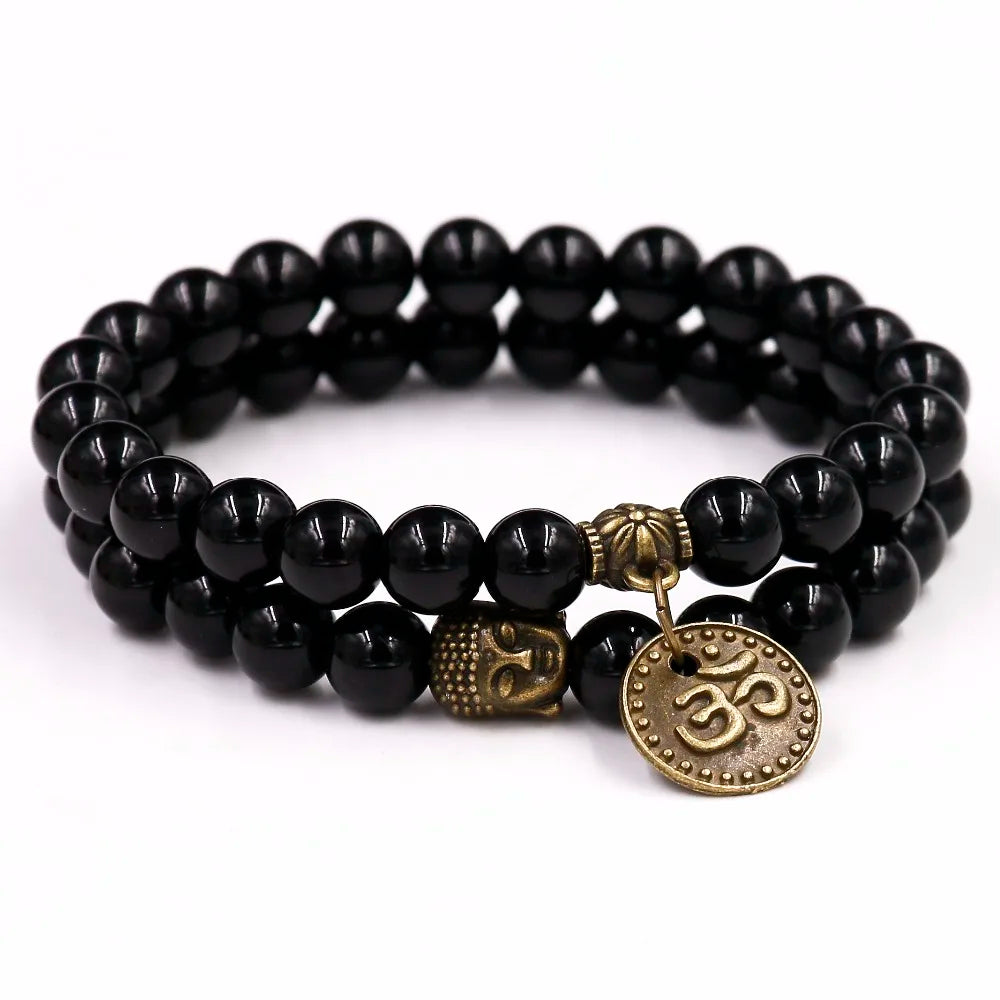 Buddha Head Bracelet Om Symbol Agate Stone - Buddhist Spiritual Jewelry 7.5" | Buddhive
