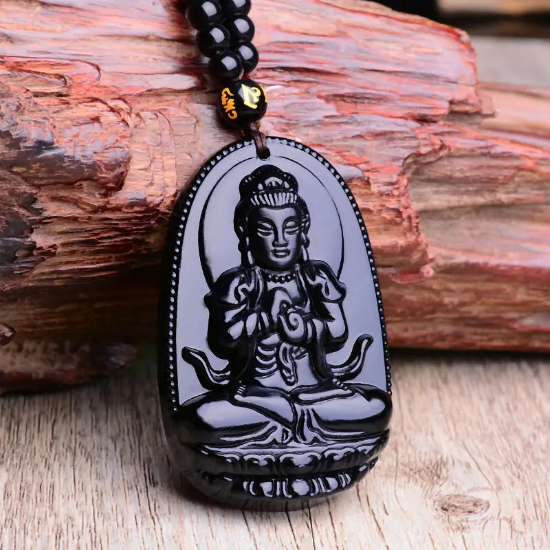 Obsidian Buddha Pendant Necklace - Natural Black Stone Buddhist Jewelry | Buddhive