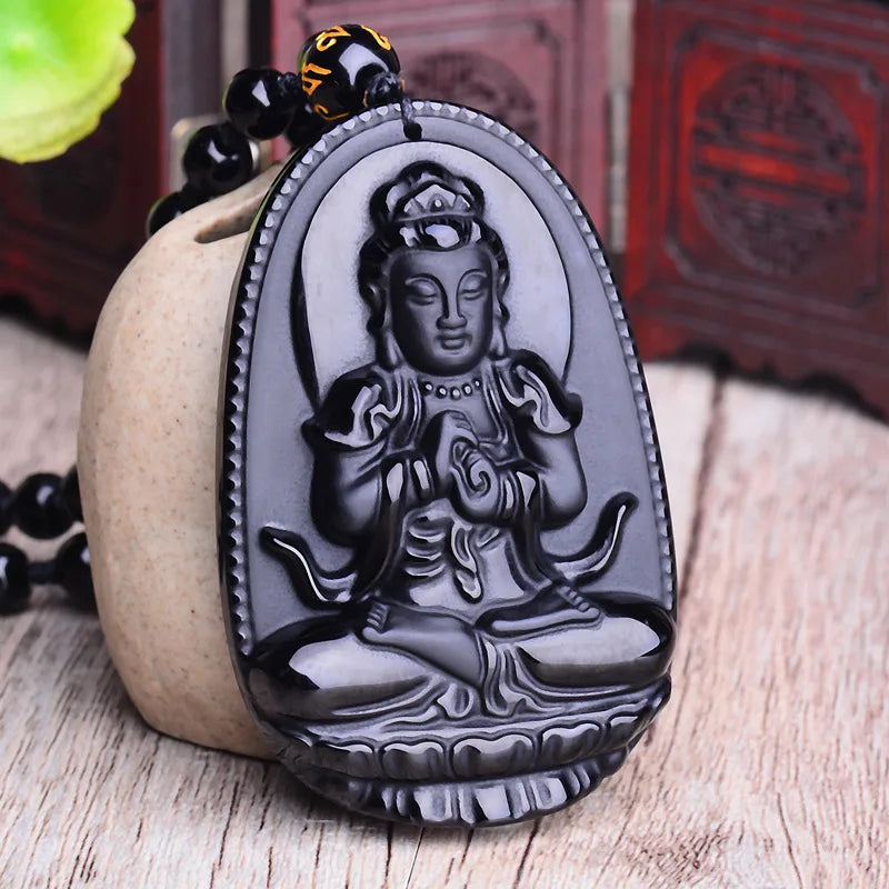 Obsidian Buddha Pendant Necklace - Natural Black Stone Buddhist Jewelry | Buddhive