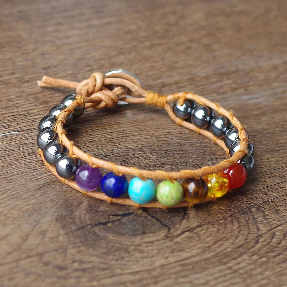 7 Chakra Bracelet Hematite Leather - Adjustable Energy Healing Wrist Mala | Buddhive