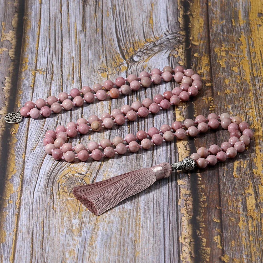 Rhodonite Mala Beads 108 - Tibetan Prayer Necklace for Meditation & Emotional Healing | Buddhive