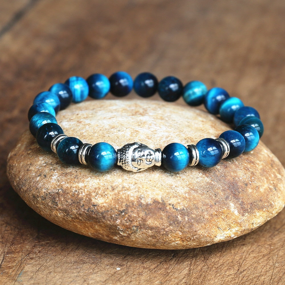 Blue Tiger Eye Buddha Bracelet - 8mm Natural Stone Beads - Silver & Gold Options | Buddhive