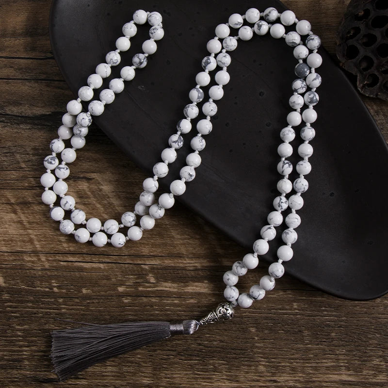 Howlite Mala Beads 108 Tibetan Prayer Necklace - Calming White Stone Meditation | Buddhive
