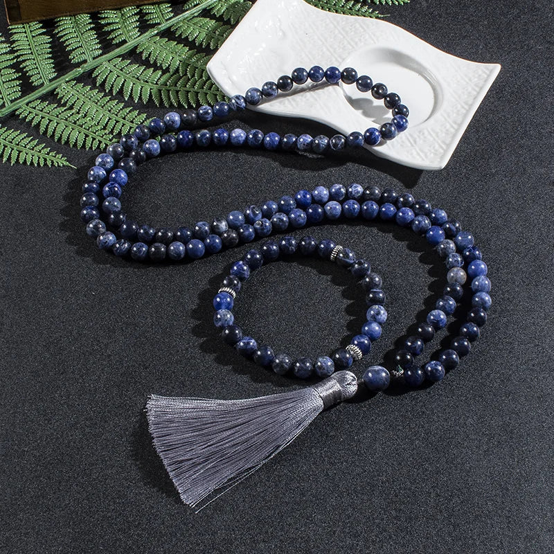 Tibetan Mala Beads Blue Semi-Precious Stone 108 Prayer Necklace | Buddhive