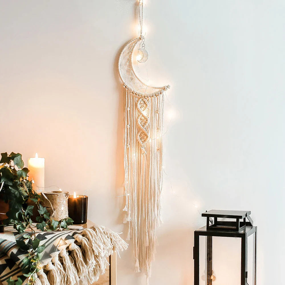 Moon Dreamcatcher Wall Hanging - Handmade Cotton Boho Decor - Zen Bedroom & Meditation Space | Buddhive