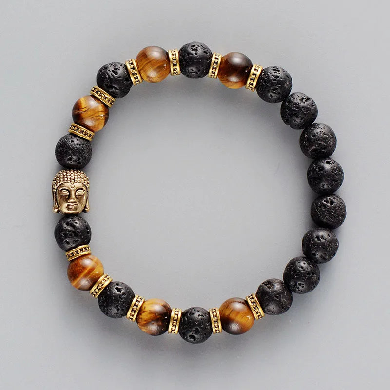 Buddha Bracelet Tiger Eye & Lava Stone - Natural Gemstone Mala Beads for Men | Buddhive