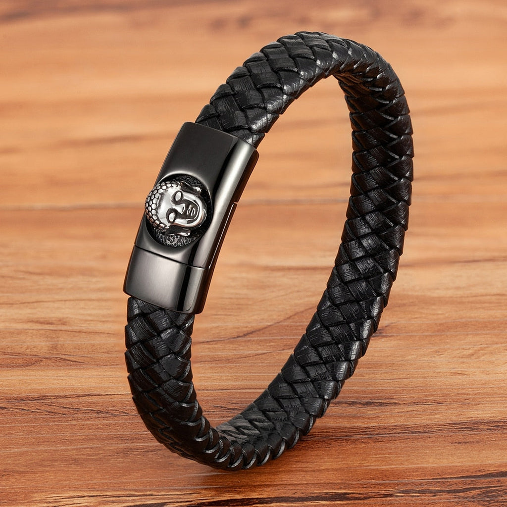 Buddha Head Leather Bracelet Thai Style - Stainless Steel & Natural Leather | Buddhive
