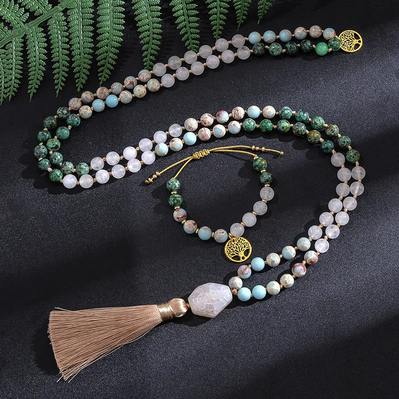 African Jade Necklace & Bracelet Set - Natural Stone Buddhist Jewelry | Buddhive