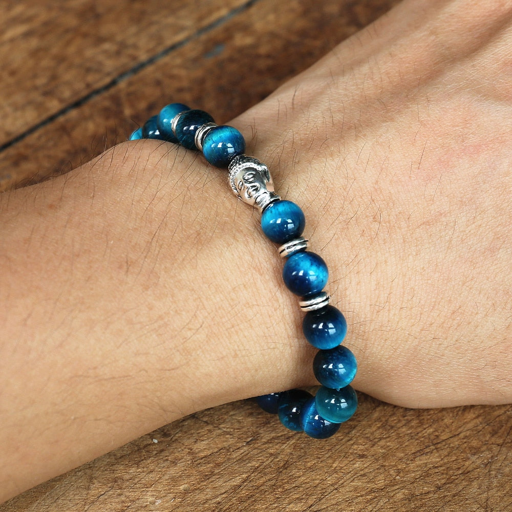 Blue Tiger Eye Buddha Bracelet - 8mm Natural Stone Beads - Silver & Gold Options | Buddhive
