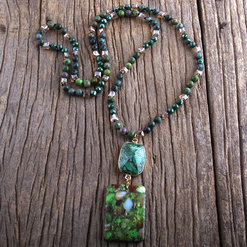 Green Crystal Necklace Rectangular Gemstone Pendant - Natural Stone Buddhist Jewelry | Buddhive