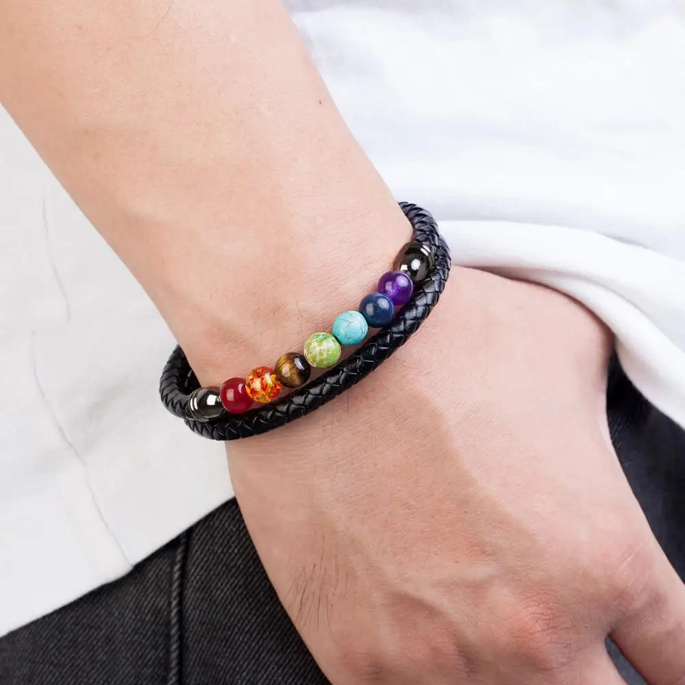 7 Chakra Bracelet Leather Buddhist Wristband with Stainless Steel | Buddhive