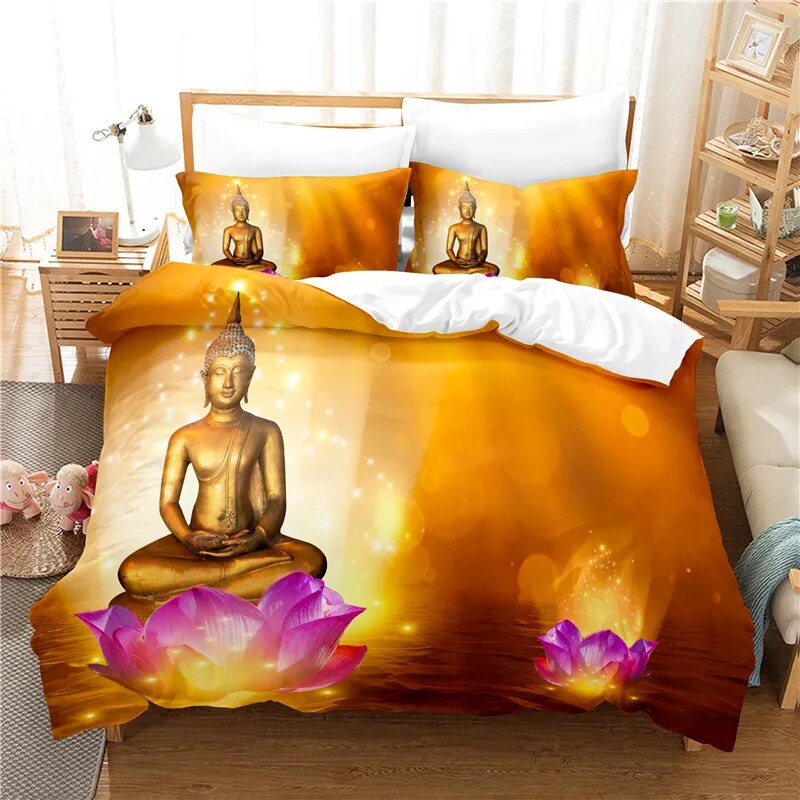 Buddha Duvet Cover Golden Lotus - Zen Bedding Set for Spiritual Bedroom Decor | Buddhive