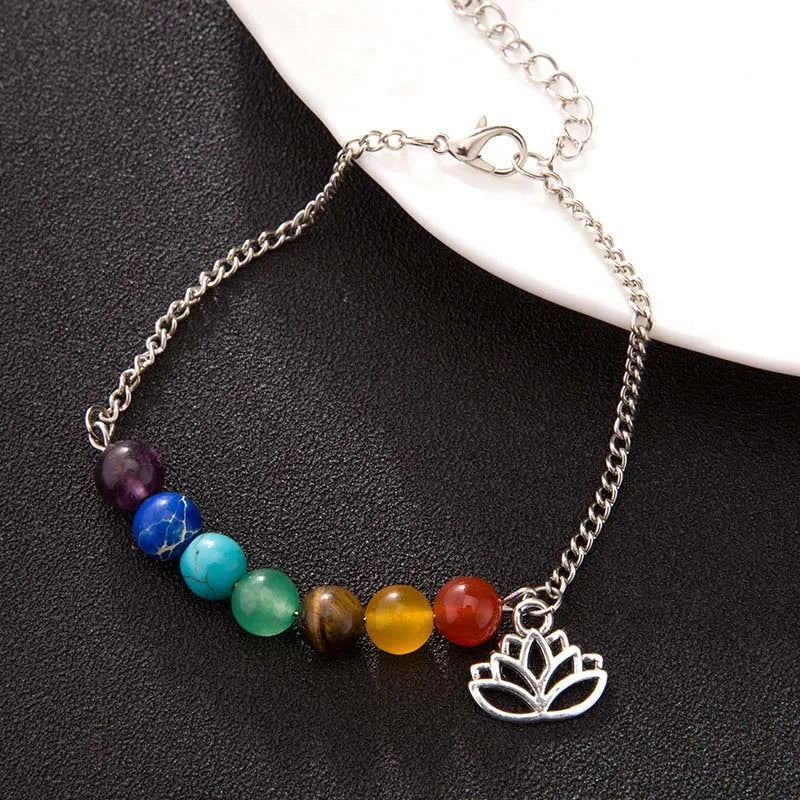 7 Chakra Bracelet Silver Lotus Charm | Healing Energy Balance Jewelry | Buddhive