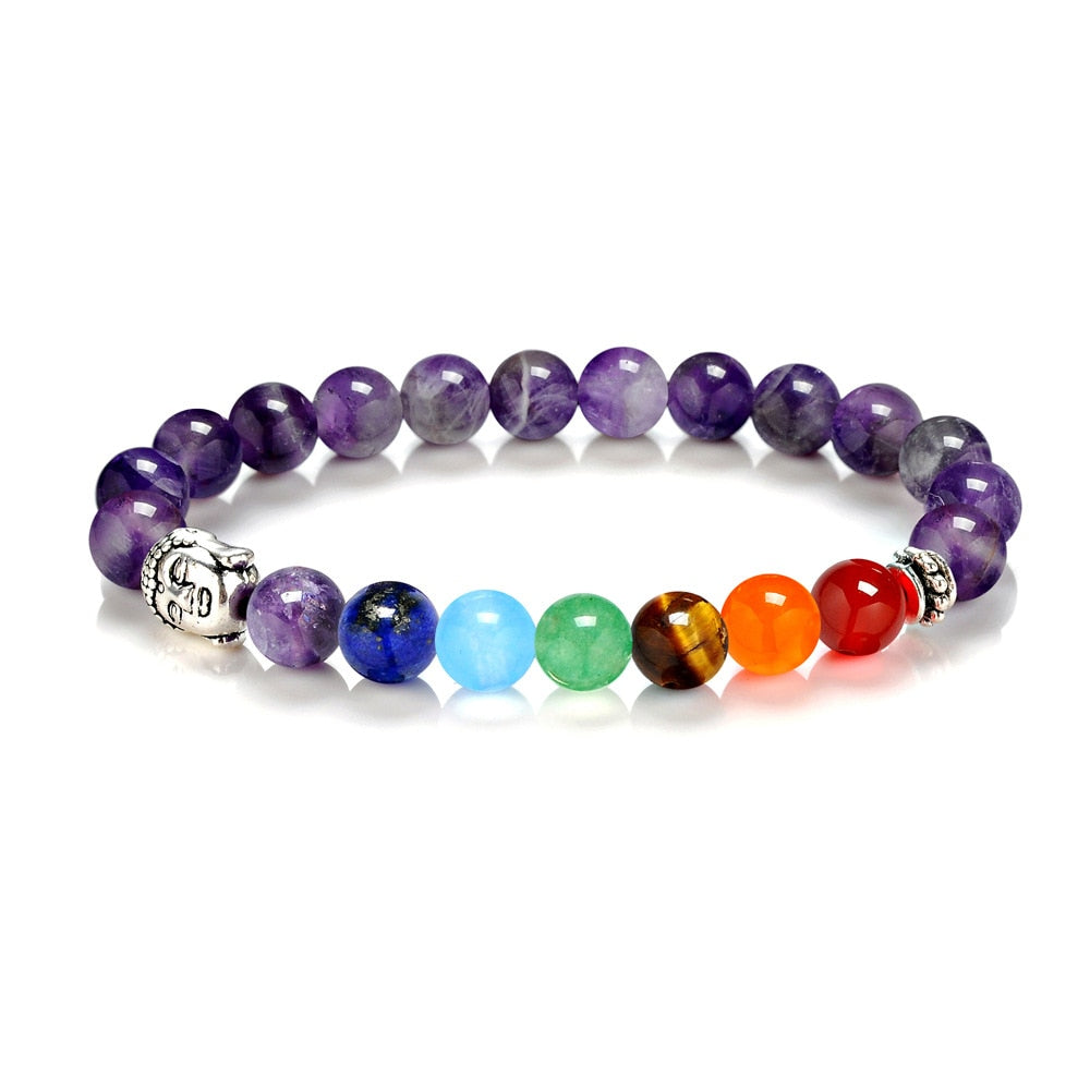 Buddha Bracelet Multicolor Natural Stones - Tiger Eye & Chakra Gemstones - 7.5 inch | Buddhive