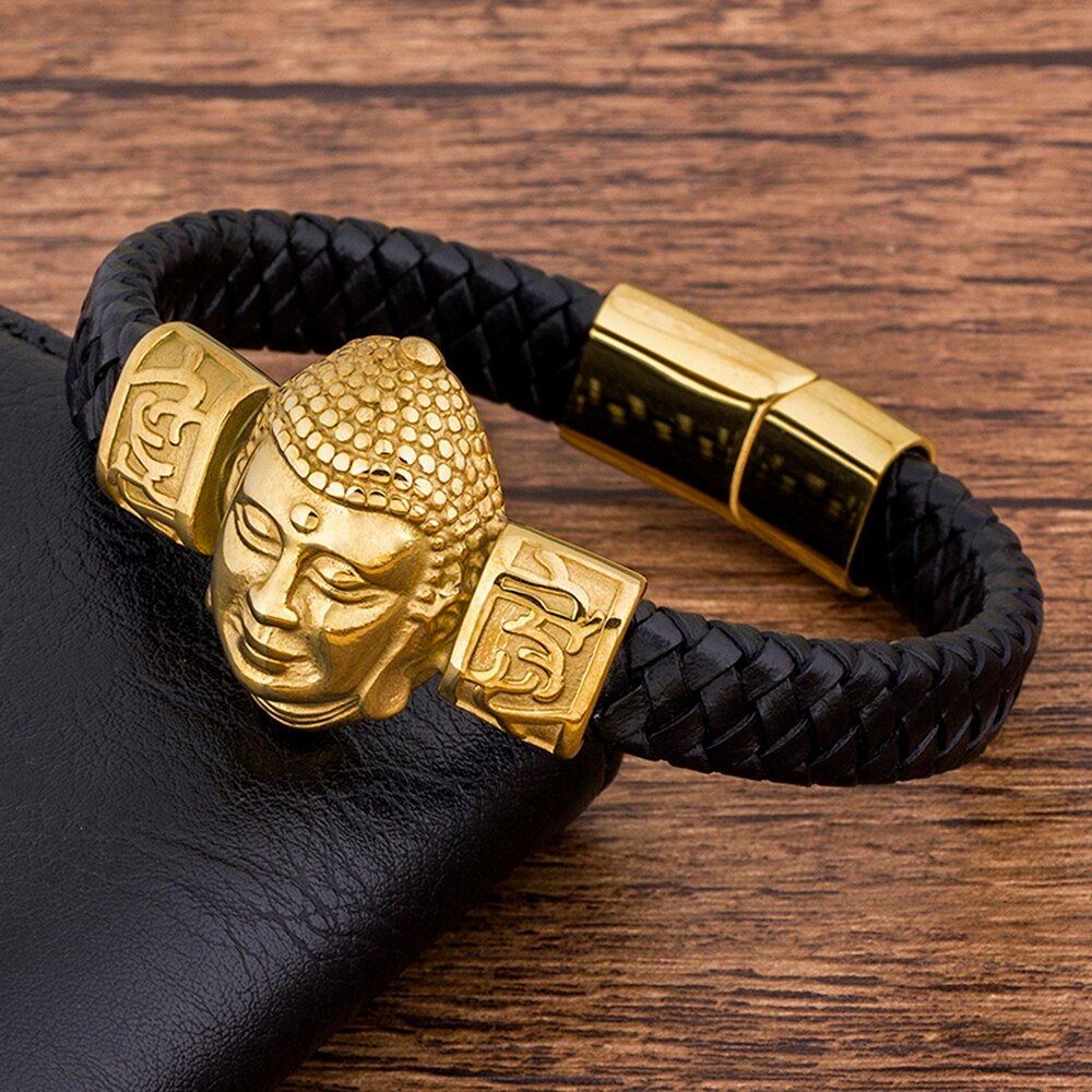 Gold Buddha Bracelet Stainless Steel & Leather - Men's Buddhist Jewelry | Buddhive