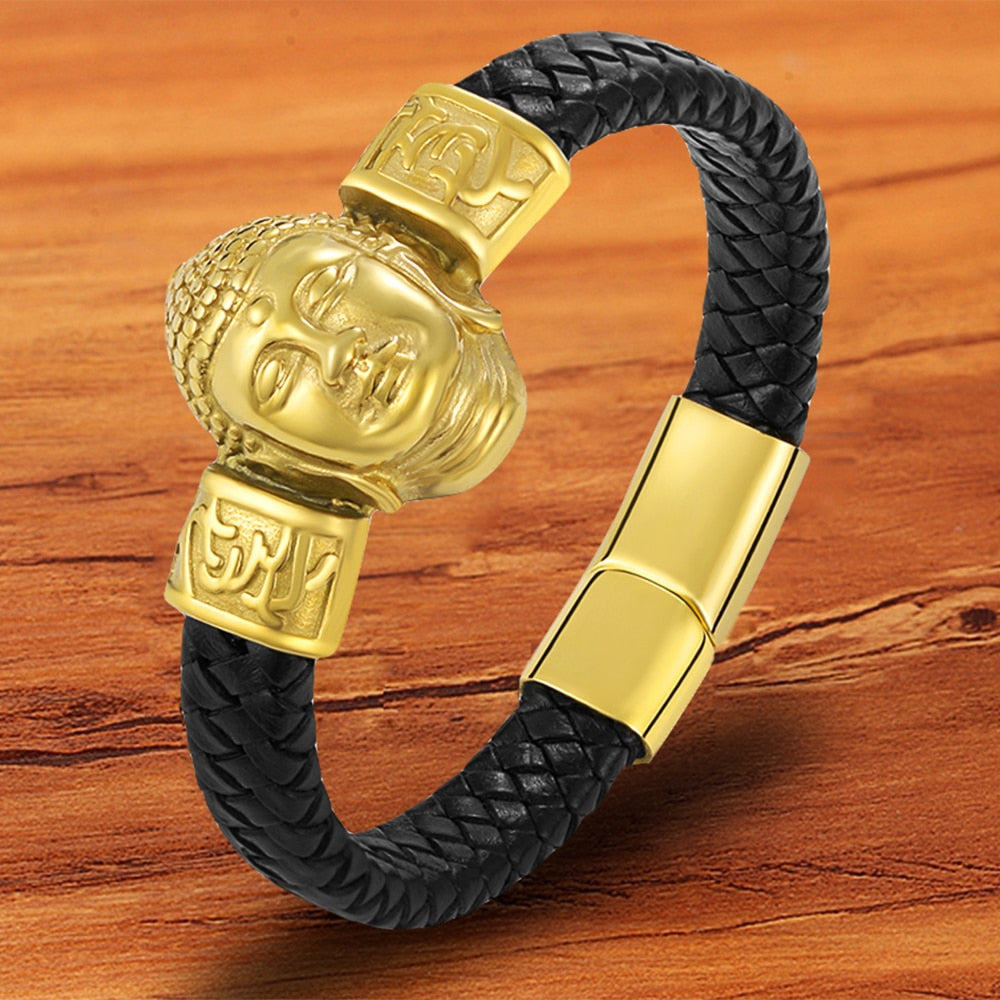 Gold Buddha Bracelet Stainless Steel & Leather - Men's Buddhist Jewelry | Buddhive