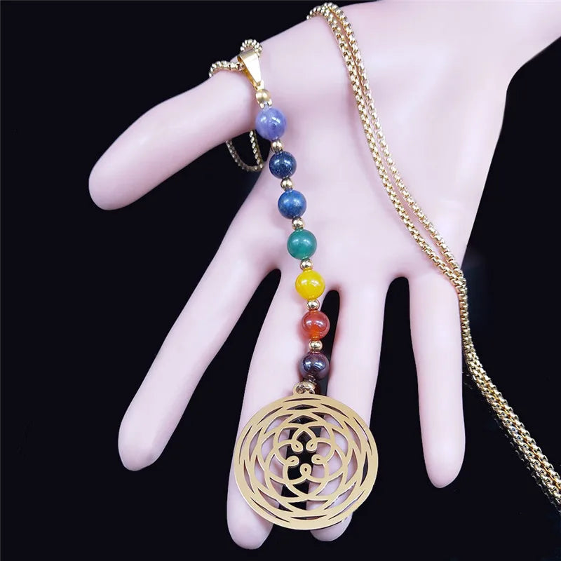 7 Chakra Necklace Lotus Flower Pendant - Natural Stone & Stainless Steel Women's Jewelry | Buddhive