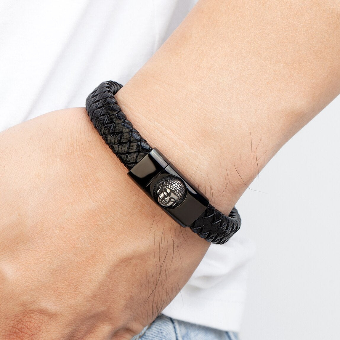 Buddha Head Leather Bracelet Thai Style - Stainless Steel & Natural Leather | Buddhive