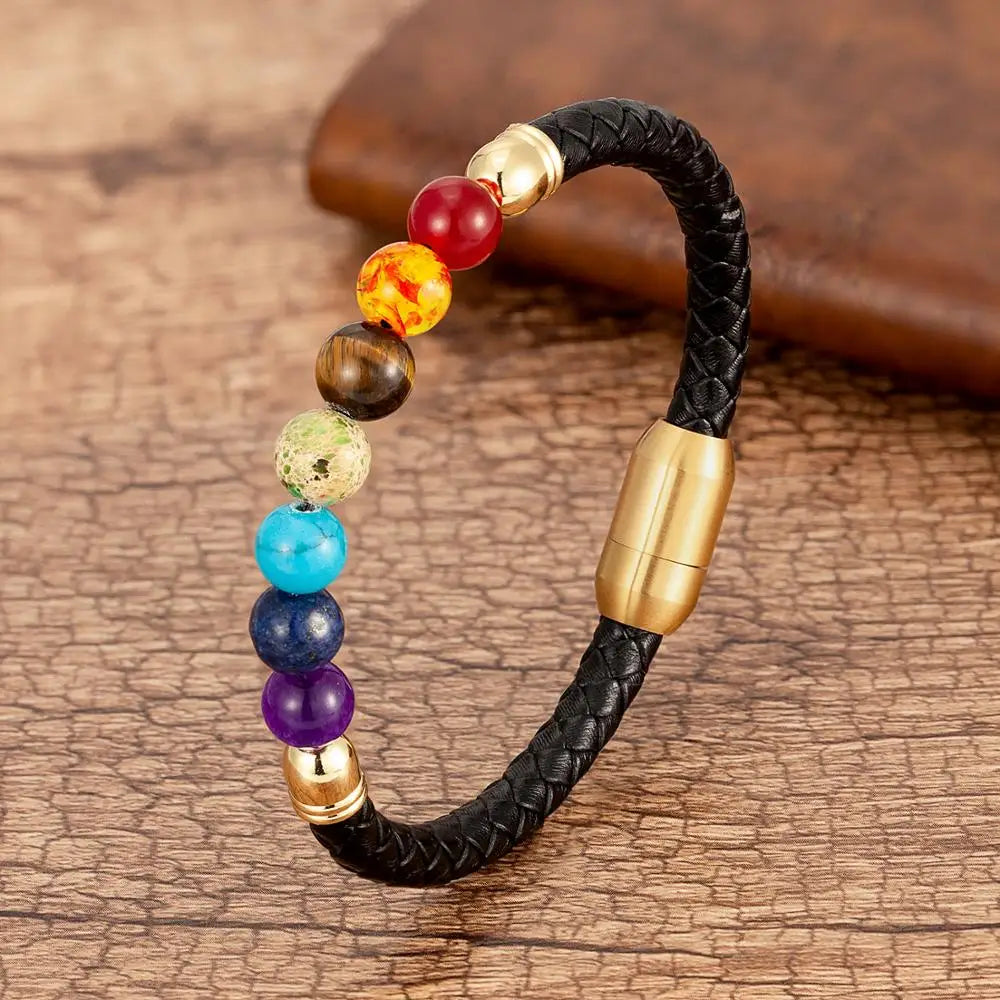 7 Chakra Bracelet Leather Buddhist Wristband with Stainless Steel | Buddhive