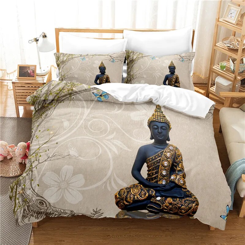 Buddha Duvet Cover Beige Zen Bedding Set - Meditation Bedroom Decor | Buddhive
