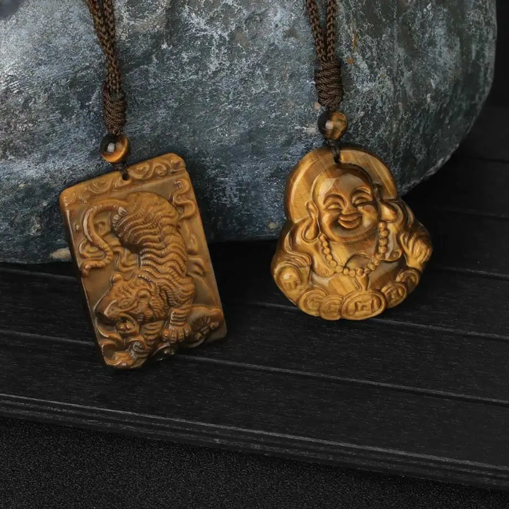 Carved Tiger Eye Buddha Pendant - Natural Stone Buddhist Jewelry for Men | Buddhive