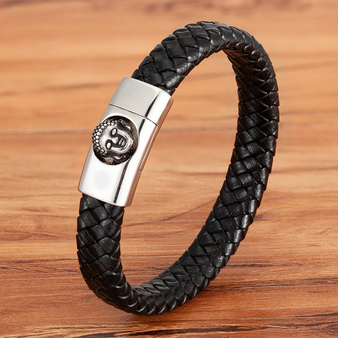 Buddha Head Leather Bracelet Thai Style - Stainless Steel & Natural Leather | Buddhive