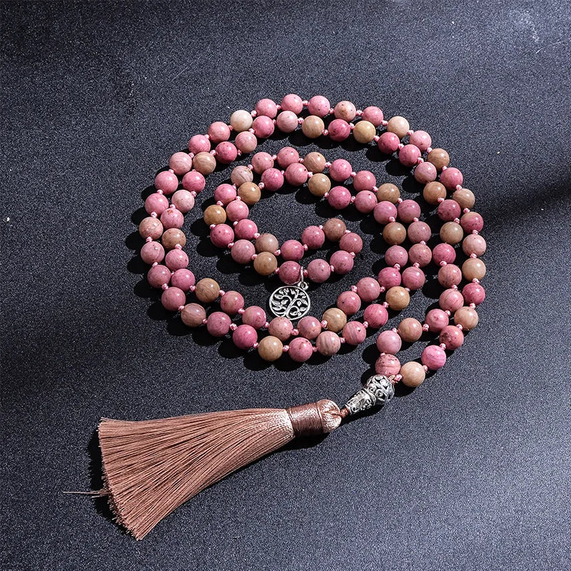 Rhodonite Mala Beads 108 - Tibetan Prayer Necklace for Meditation & Emotional Healing | Buddhive