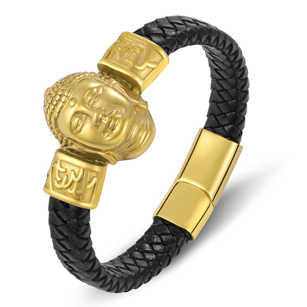 Gold Buddha Bracelet Stainless Steel & Leather - Men's Buddhist Jewelry | Buddhive