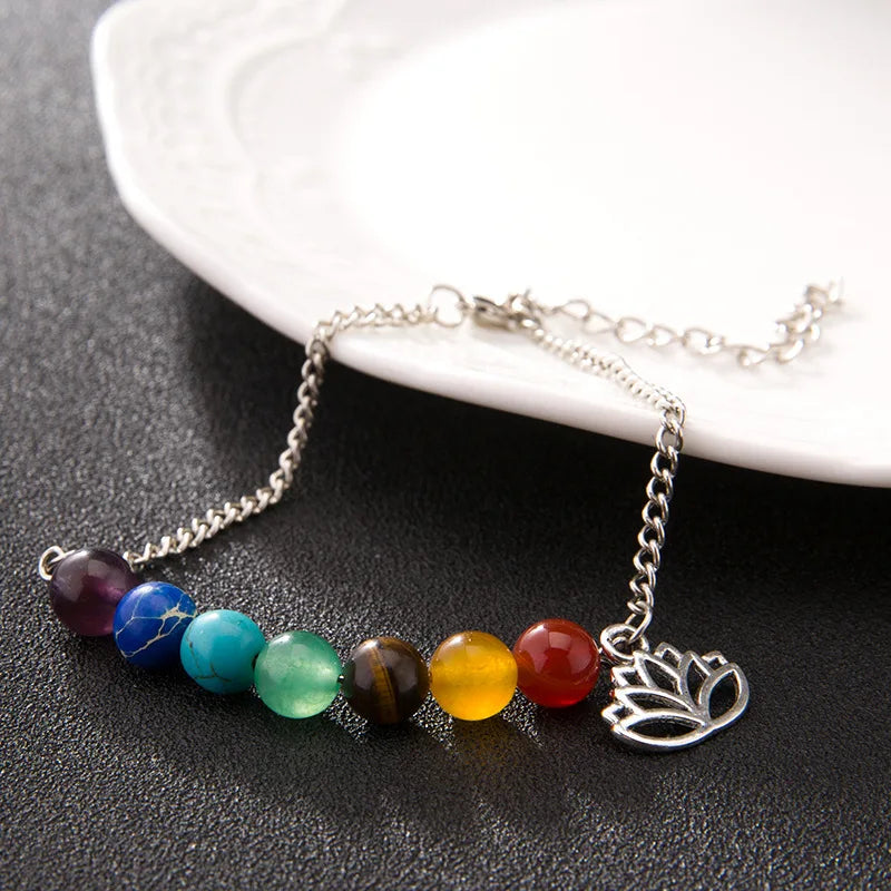 7 Chakra Bracelet Silver Lotus Charm | Healing Energy Balance Jewelry | Buddhive