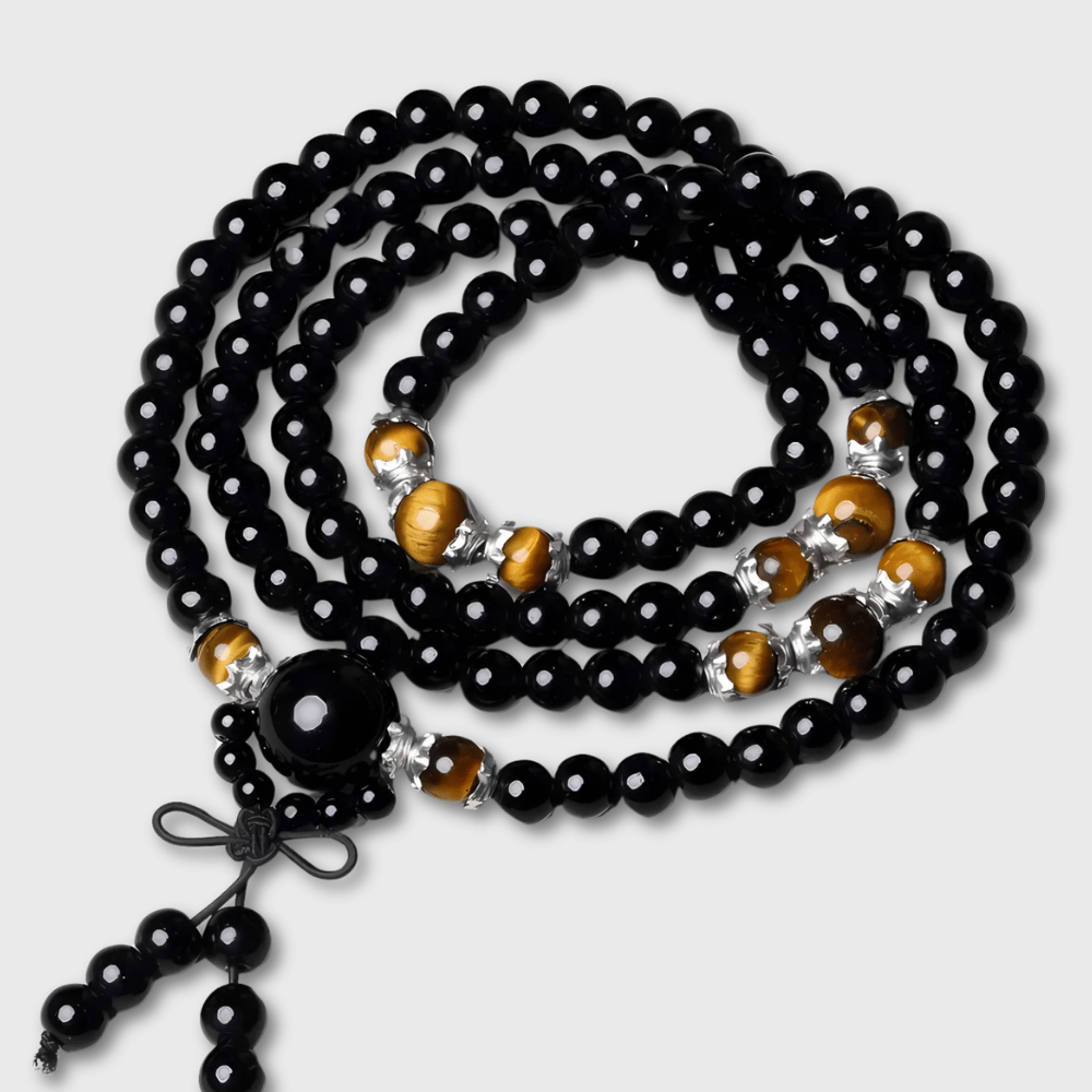 Mala Beads Tiger's Eye & Black Obsidian - 108 Prayer Beads for Protection & Meditation | Buddhive