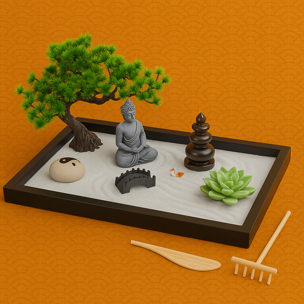 Mini Zen Garden with Buddha Statue - Desktop Meditation Decor 32x20cm Resin | Buddhive
