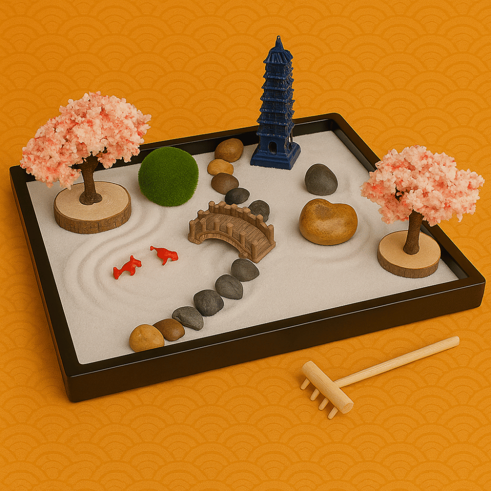 Mini Zen Garden Japanese with Cherry Blossoms & Pagoda - Desktop Meditation Kit | Buddhive